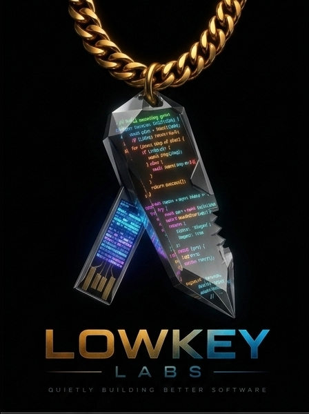LowKey Labs logo with code crystal keys and the tagline quietly building better software